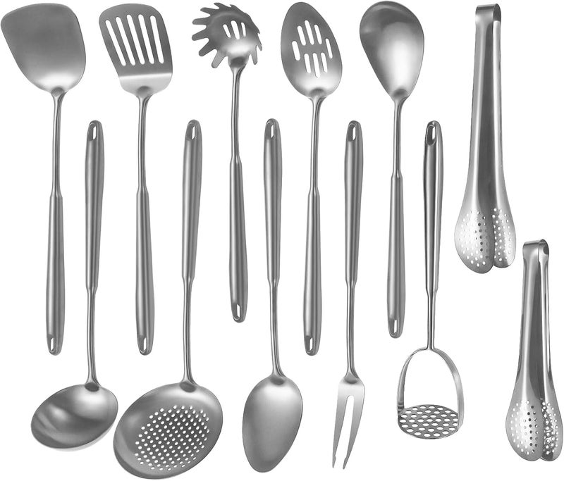 Lazycorner 304 Stainlss Steel Kitchen Utensils Set, 12 Pcs Long Metal Cooking Utensil Gadgets Tools Set with Spatula, Ladle, Spoon, Ladle, Skimmer, Tunner, Pasta Server, Tongs(Silver, Dishwasher Safe) - Image 1
